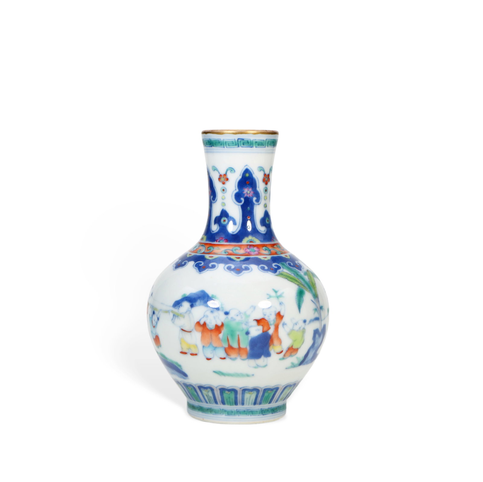 Chinese Qing Dynasty Qianlong Mark doucai vase with gold-painted children playing.: Height 13cm, Belly diameter 8cm