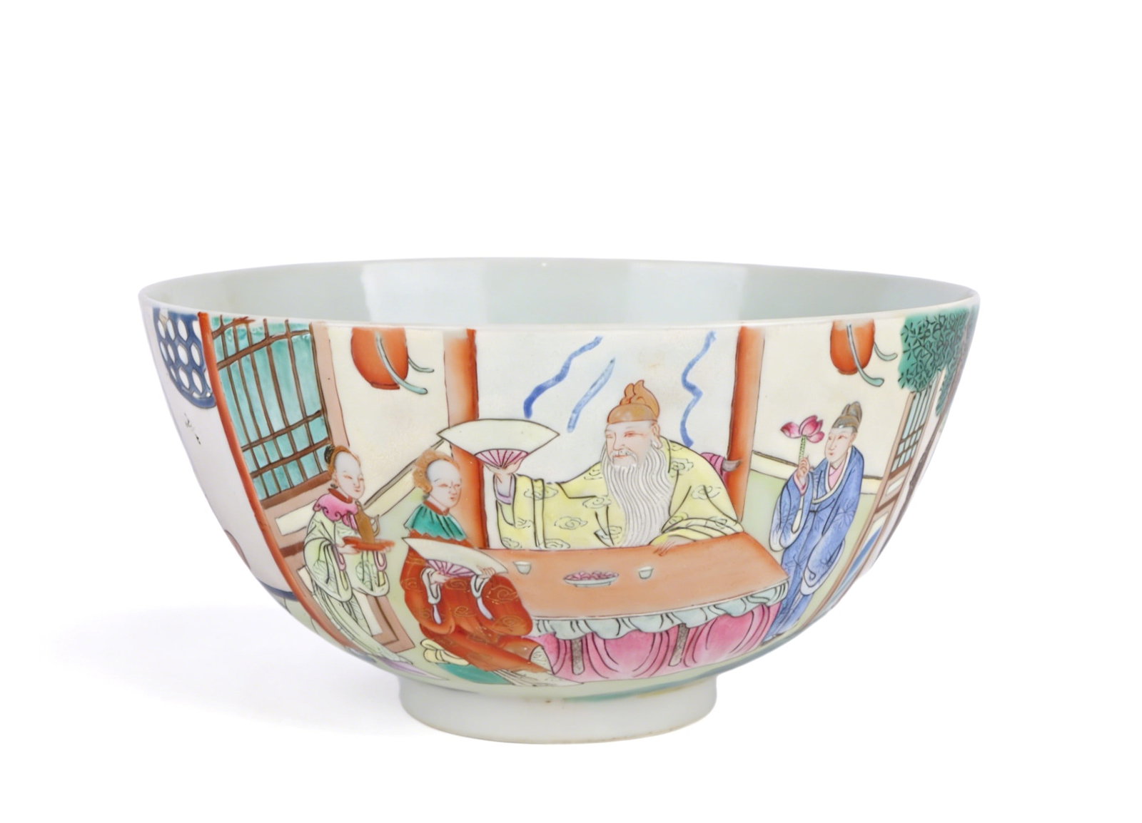Chinese Qing Dynasty Famille Rose Figure Bowl: Height 7.5cm, Mouth 14.4cm