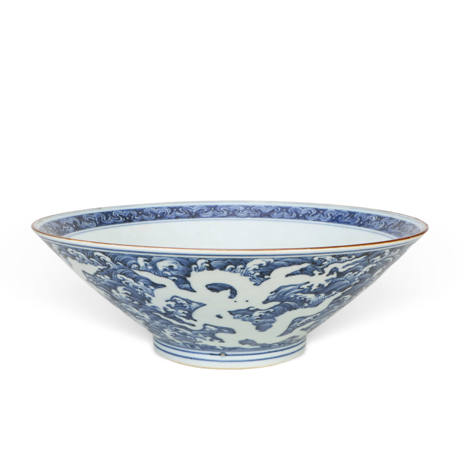 Chinese Ming Dynasty Xuande Mark blue and white dragon-patterned conical bowl: Height 10cm, Mouth Diameter 29.8cm