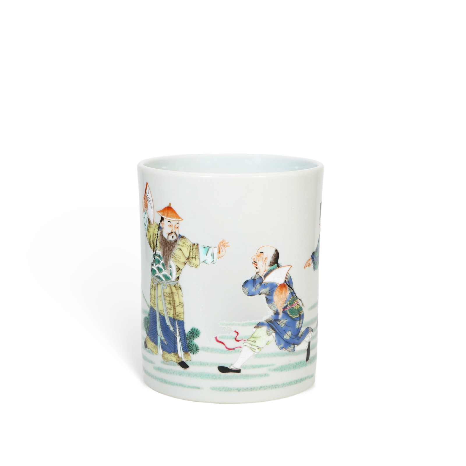 Chinese Qing Dynasty Yongzheng Mark Famille Rose Brush Pot with Figures and Stories: Height 11.5cm, Mouth Diameter 9.5cm