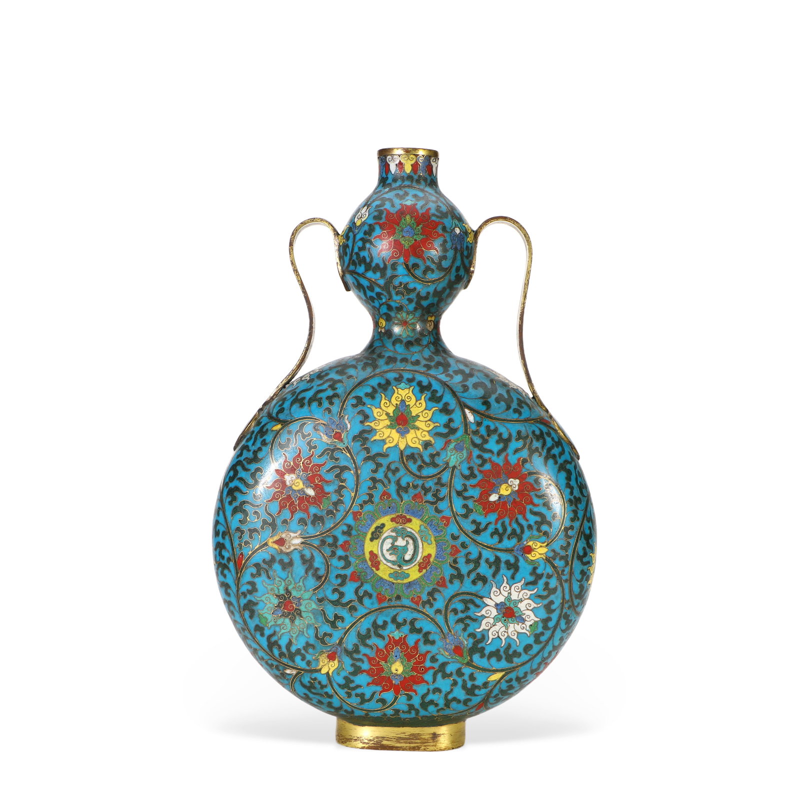 Chinese Copper-bodied cloisonn?? gourd-shaped vase with lotus scroll design: Height 36cm Width 22cm