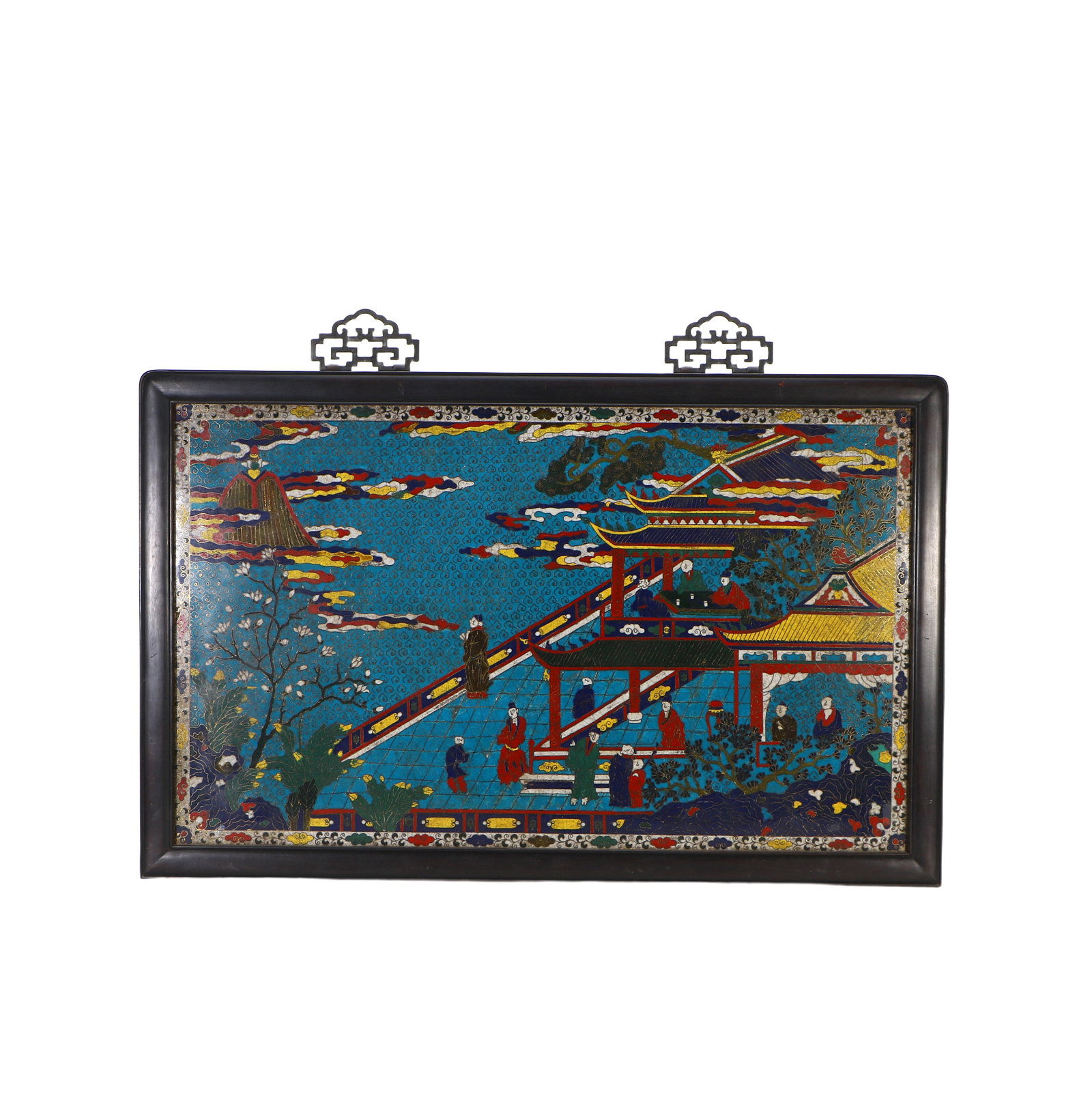 Chinese Copper-bodied cloisonn?? pavilion and figure hanging screen: Height 44.2cm, Width 70.2cm