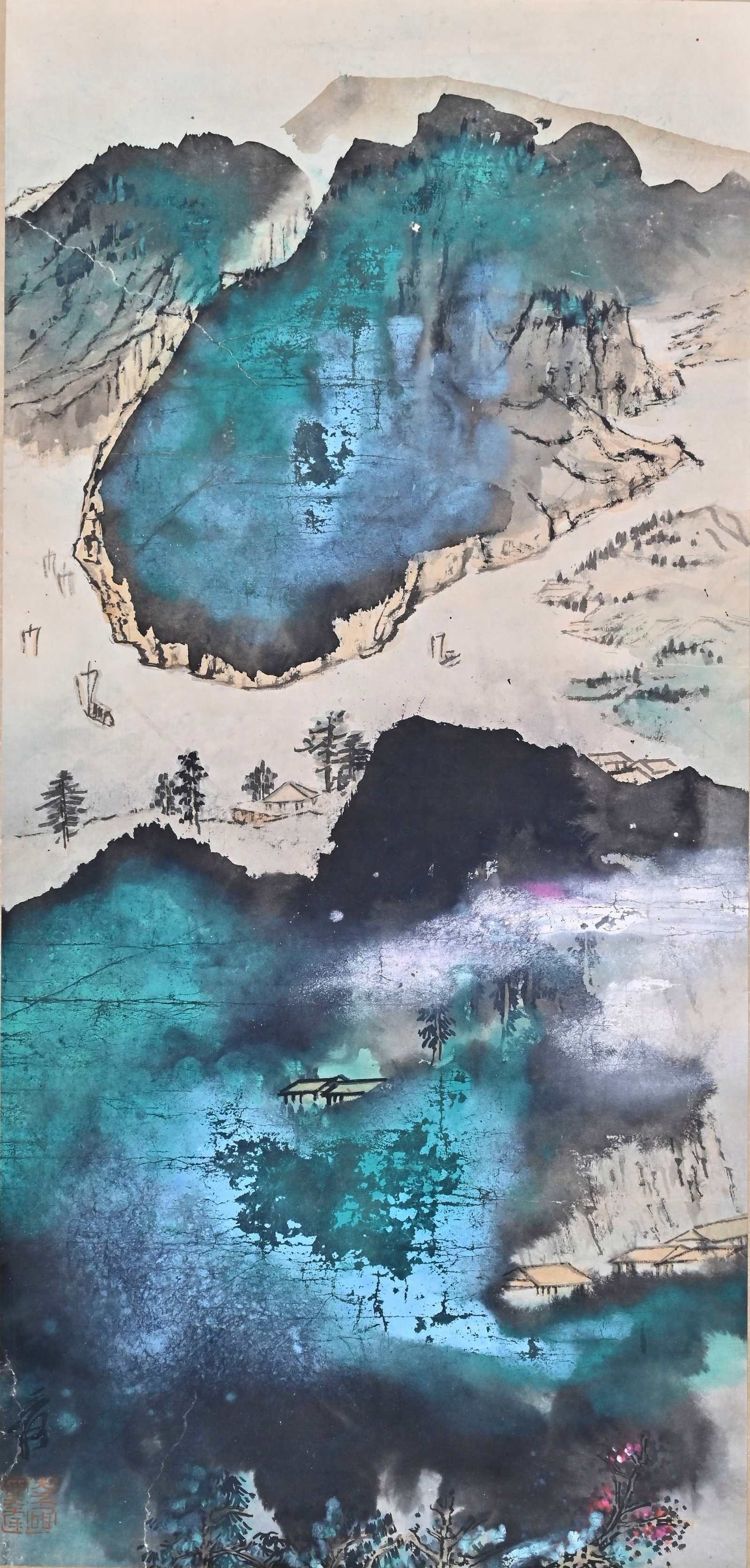 Chinese Zhang Daqian Mark Green Ridge and Cloud Dwelling": Height 71cm Width 34cm