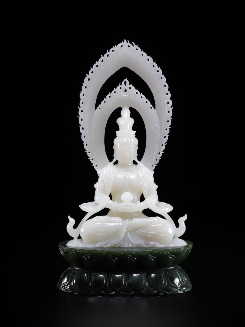 Chinese Hetian jade Guanyin seated statue: Dimensions: Overall height 19.5 cm, Guanyin statue 16 *9.3 *3.5 cm, net weight 270.3 g, jade base 378 g