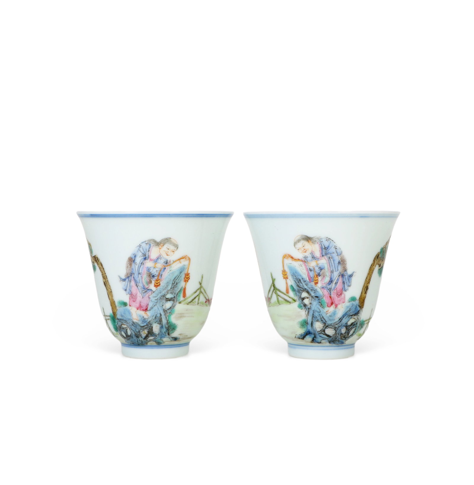 Chinese Qing Dynasty Yongzheng Mark famille rose Liu Hai playing with a golden toad bell cups: Height 6.5cm, Mouth Diameter 7cm