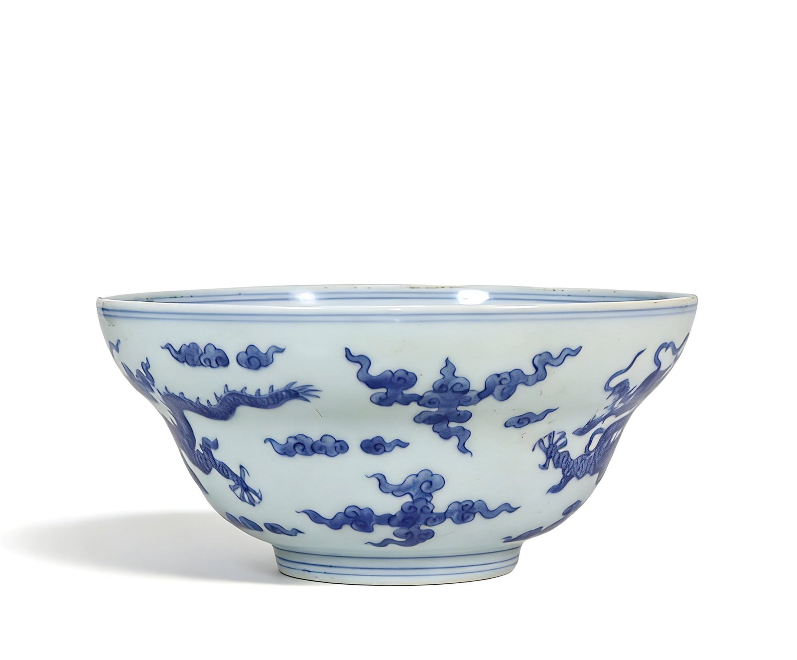 Chinese Qing Dynasty Blue and White Porcelain Bowl with Cloud and Dragon Design (1 of 4)