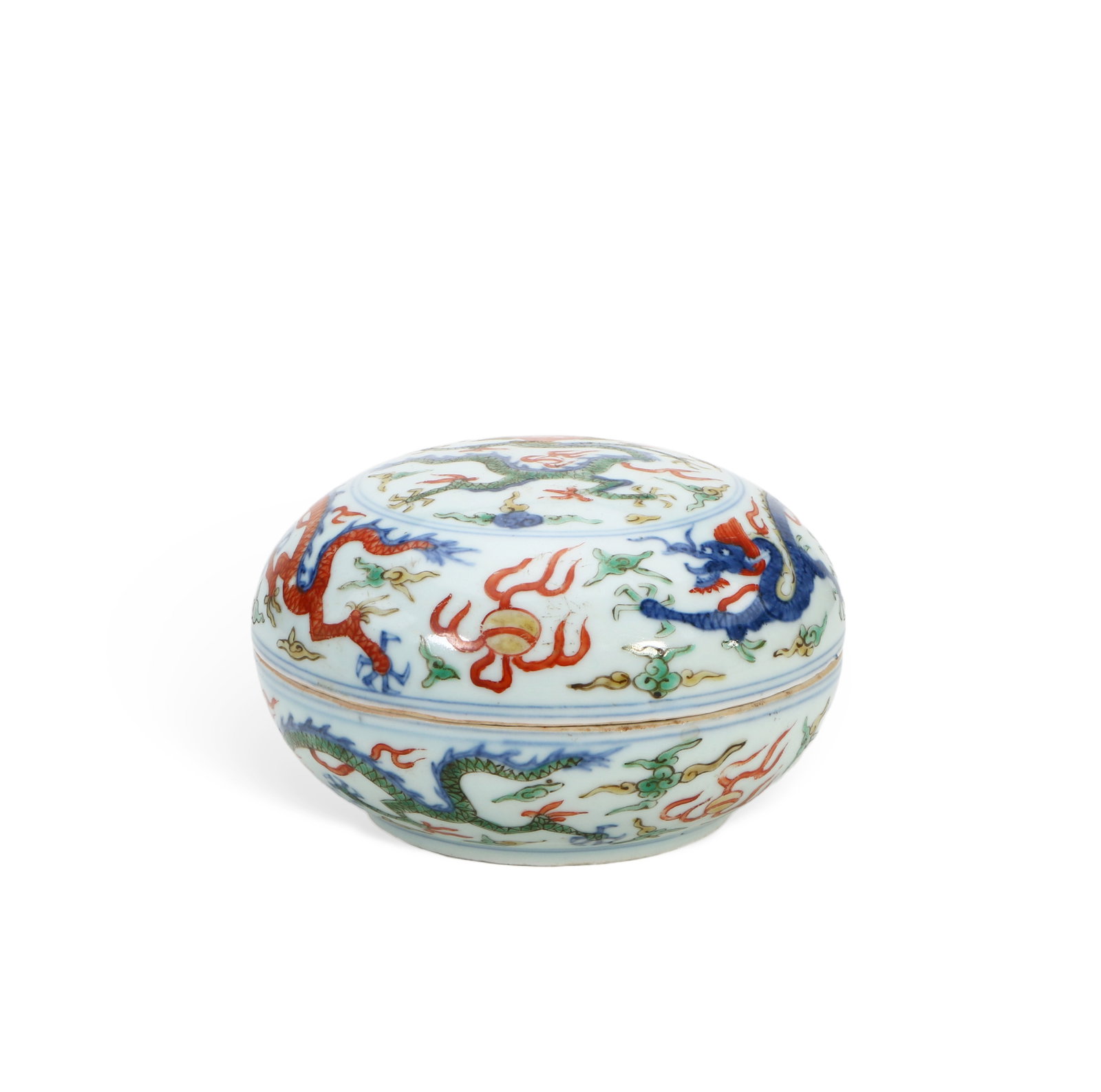 Chinese Ming Dynasty polychrome dragon pattern covered box: Height 7cm, Mouth Diameter 11.5cm