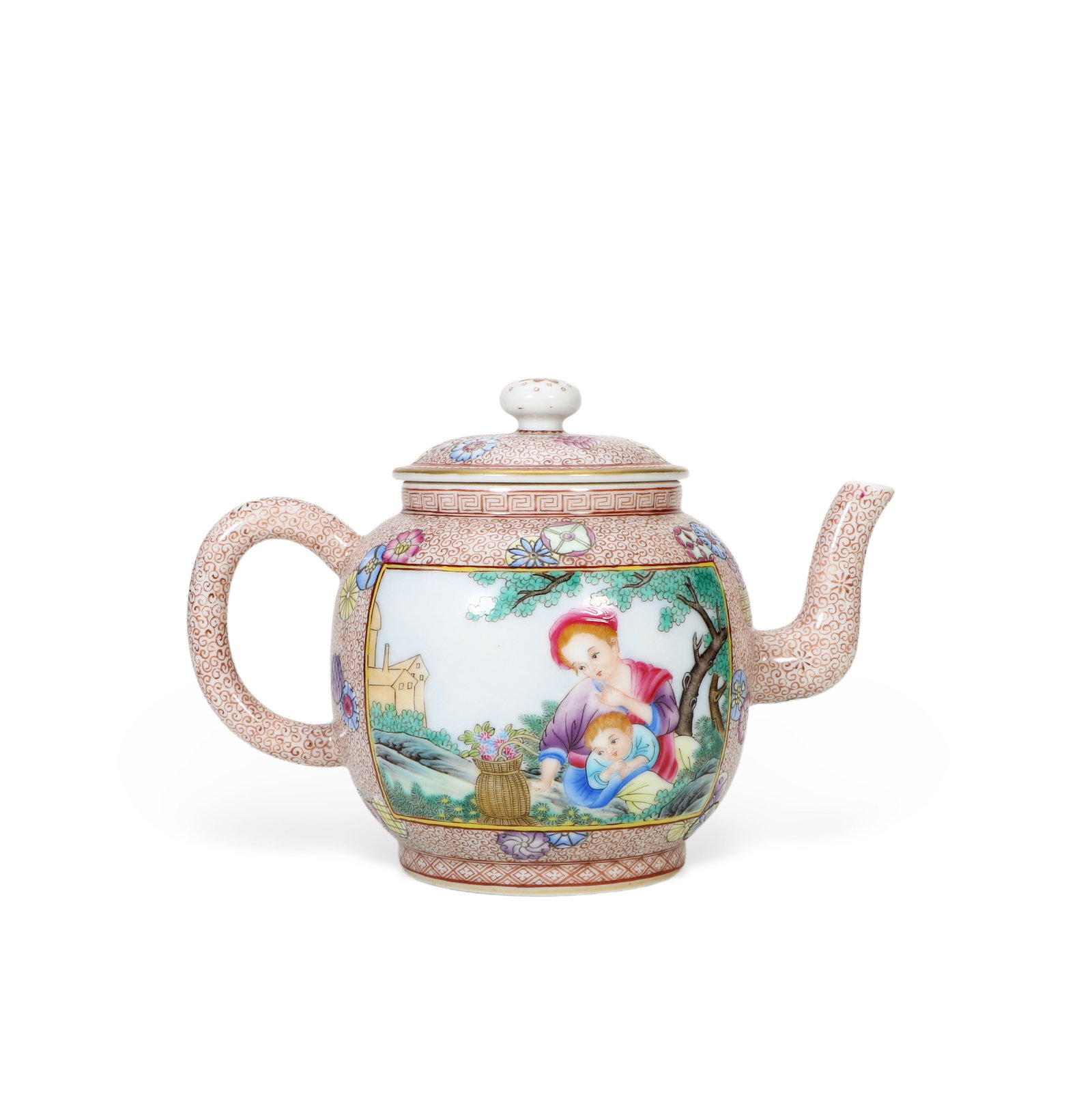Chinese Qing Dynasty Qianlong Mark famille rose teapot with figures: Height 13cm, Length 17cm