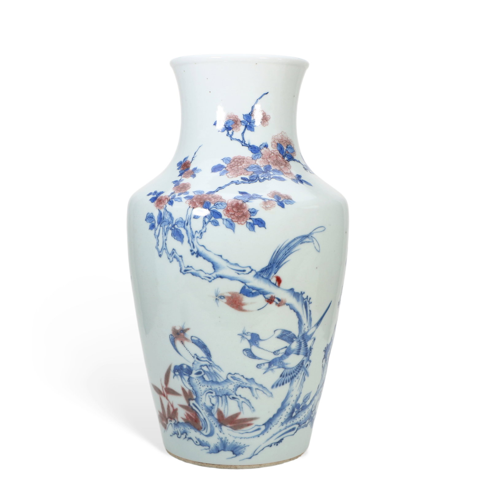 Chinese Qing Dynasty Blue and White Underglaze Red Flower and Bird Vase: Height 36cm, Belly diameter 20cm