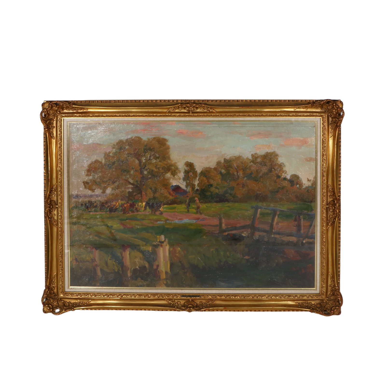 Riverside Pastoral Oil Paintings Late 19th Century: Frame height 79cm, width 98cm; Core height 61cm, width 81cm