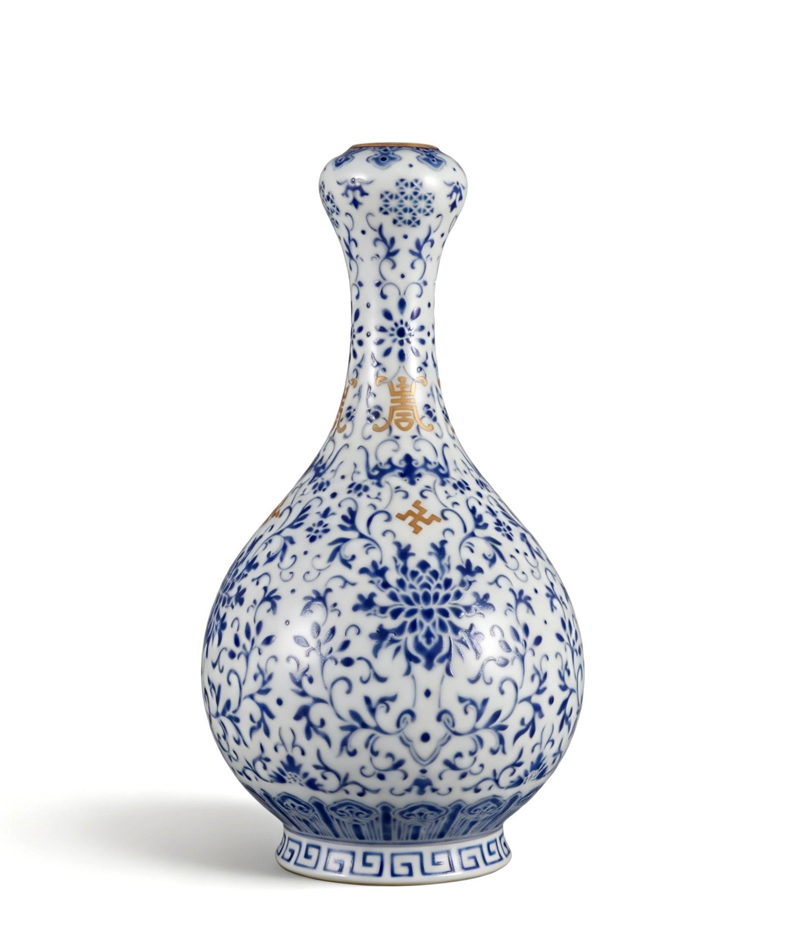 Chinese Qing Dynasty Qianlong Mark , Sapphire Blue and Gilded Garlic-Shaped Vase: Height 22.5 cm, Belly diameter 11.5 cm