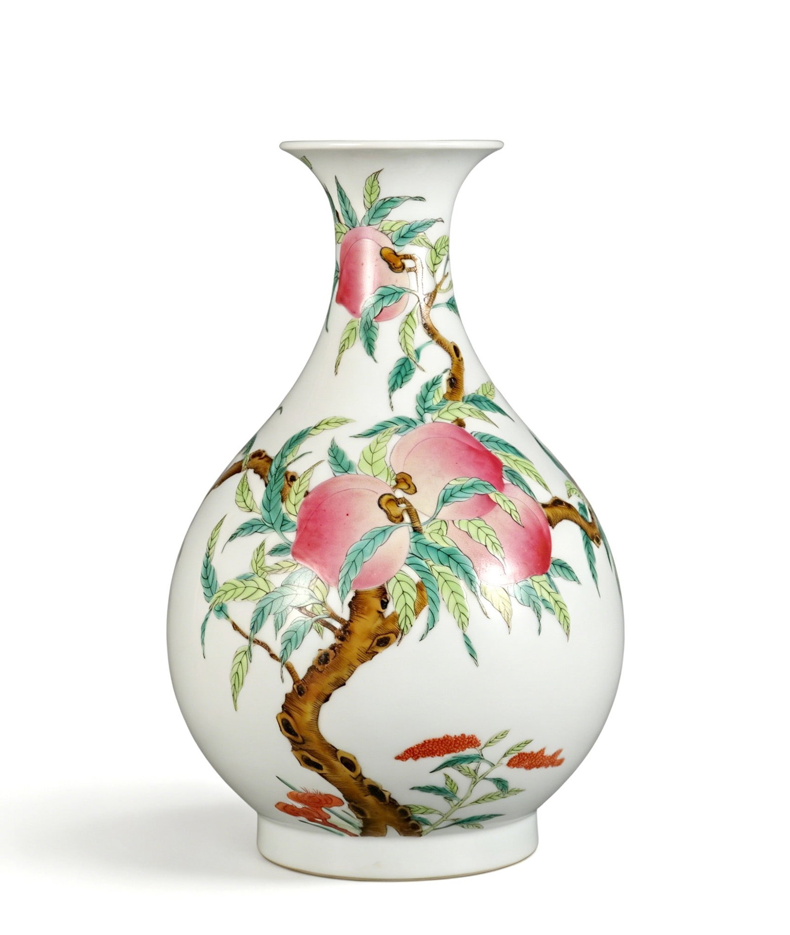 Chinese Qing Dynasty Guangxu Mark , Famille Rose Nine Peach Pattern Yuhuchun Vase: Height 29cm, Belly diameter 17cm