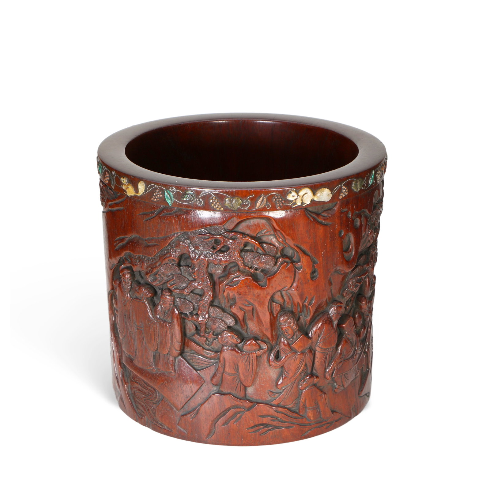 Chinese Qing Dynasty Huanghuali Inlaid Squirrel and Figure Brush Set (1 of 12)