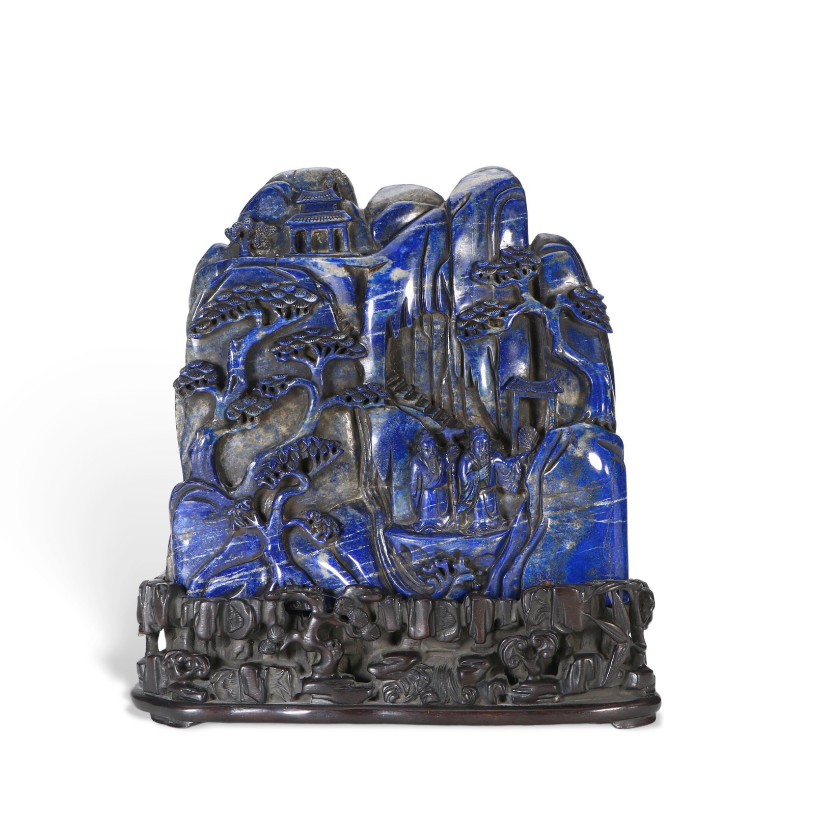 Chinese Lapis lazuli landscape and figure ornaments: Total height 23cm, net height 18cm, width 18.5cm, thickness 4.6cm