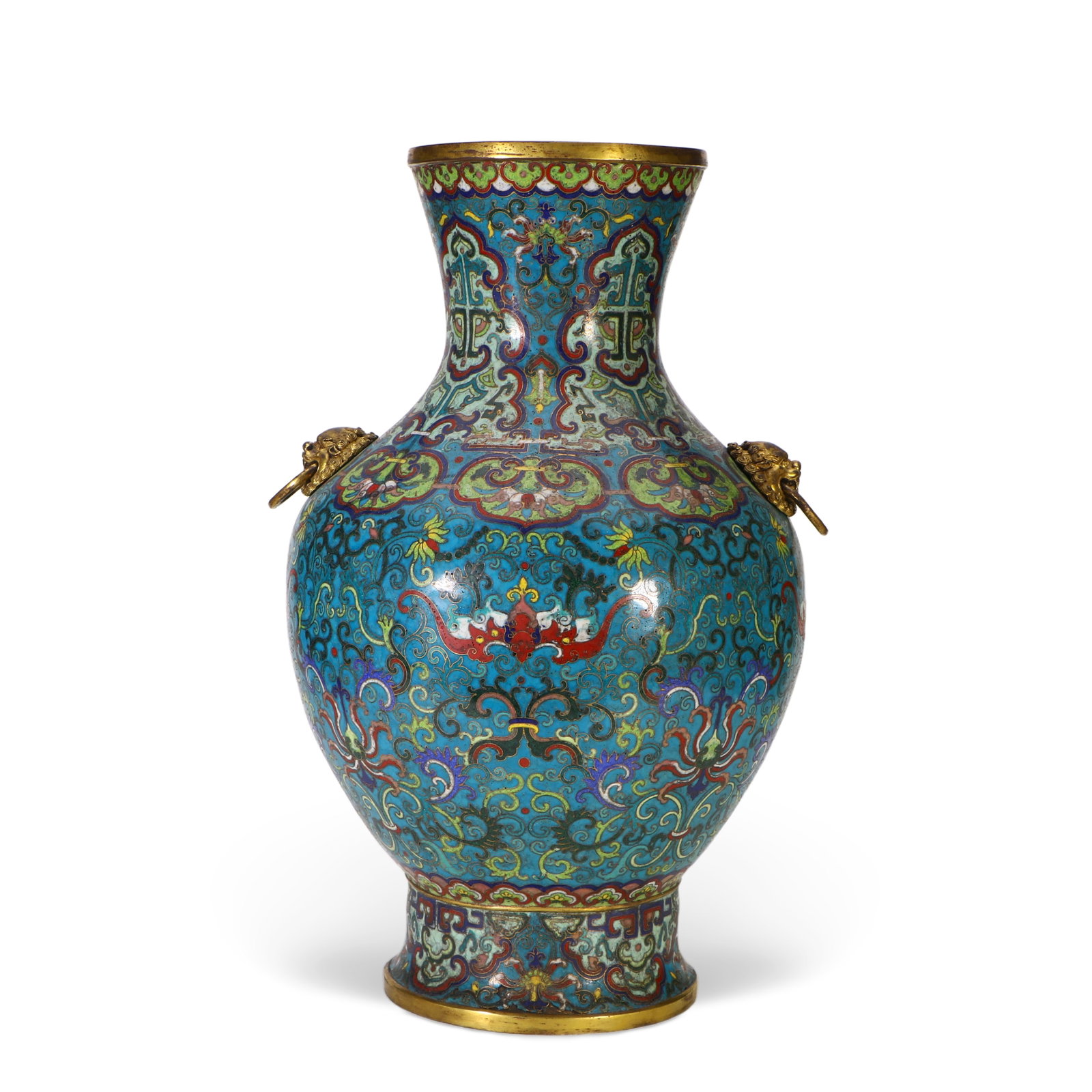 Chinese Copper-bodied cloisonn?? enamel lion-ear vase with floral pattern: Height 41cm, Width 24.5cm