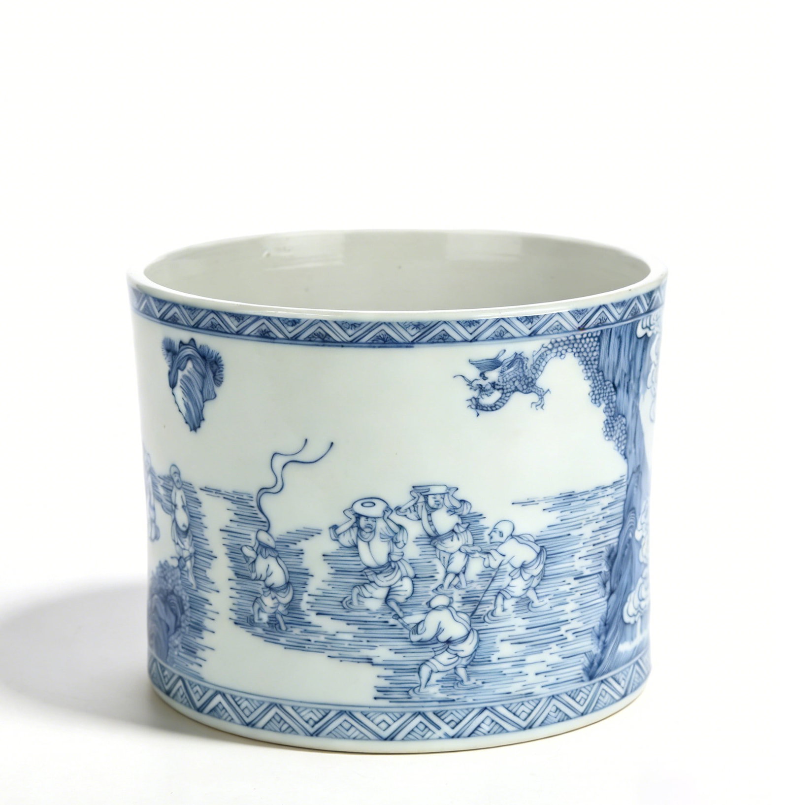 Chinese Qing Dynasty Kangxi Mark , blue and white porcelain brush pot with light-colored Arhat (1 of 7)