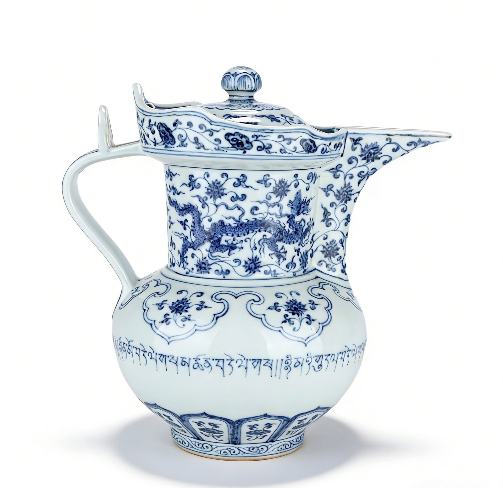 Chinese Ming Dynasty Xuande Mark blue and white porcelain monkmarks cap ewer with Sanskrit: Height 25cm, Belly diameter 25cm