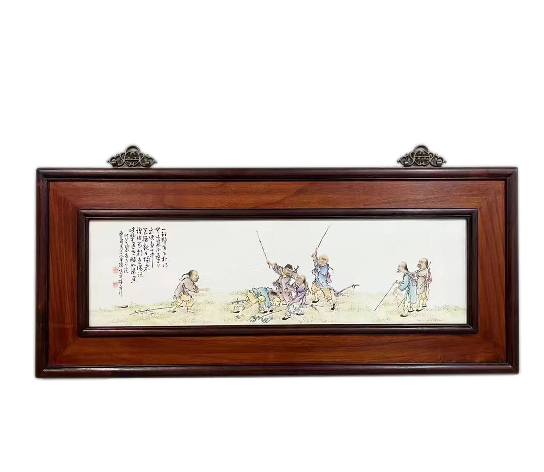 Chinese Wang Qi Mark Famille Rose Figure Porcelain Painting: The outer frame is 94 cm long and 41 cm wide, while the inner panel is 76 cm long and 23 cm wide.
