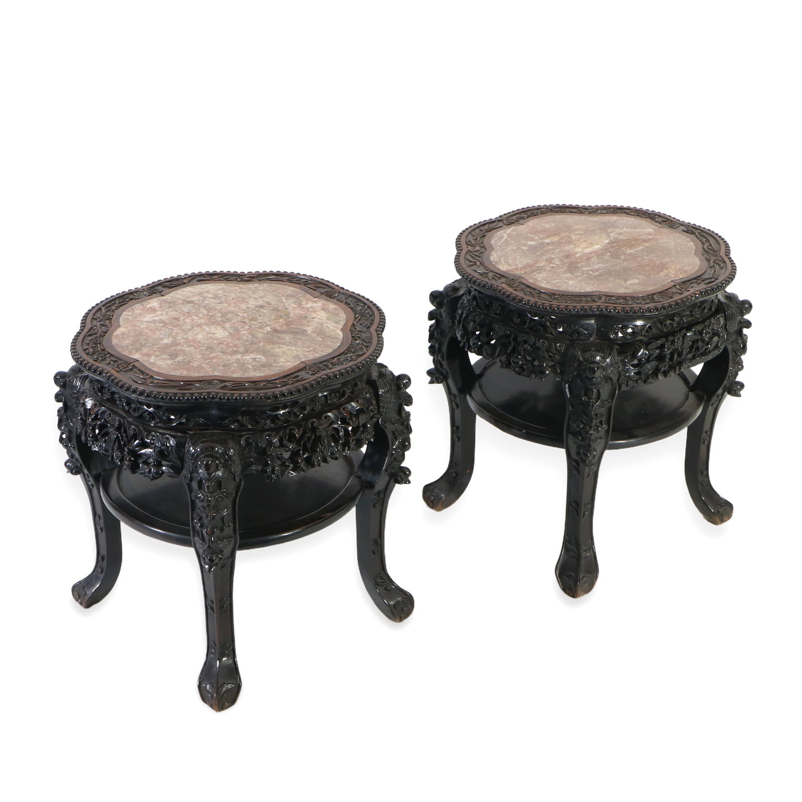 Chinese A pair of Qing Dynasty rosewood inlaid with marble and carved floral patterns incense stands: Height 59cm, seat diameter 56cm