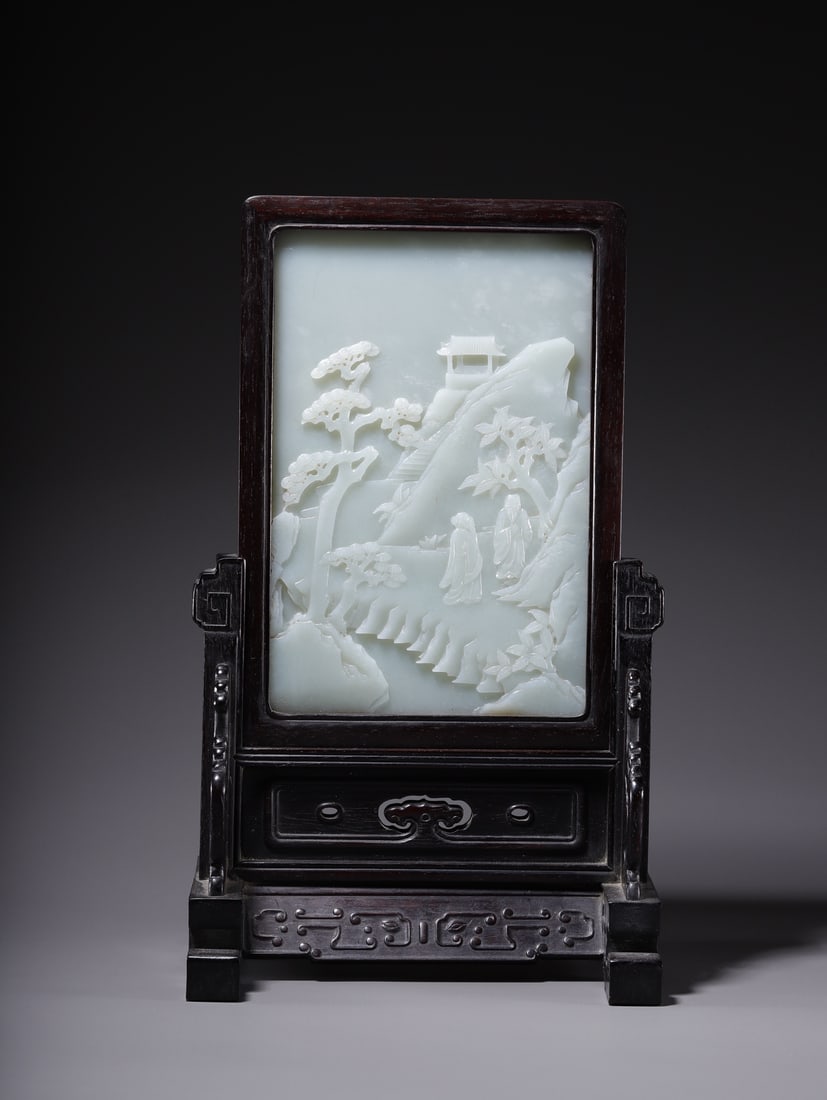 Chinese Hetian jade figure and poem screen: Dimensions: 33*18.5 cm, jade screen 13.2*20 cm, weight 1243.7 grams