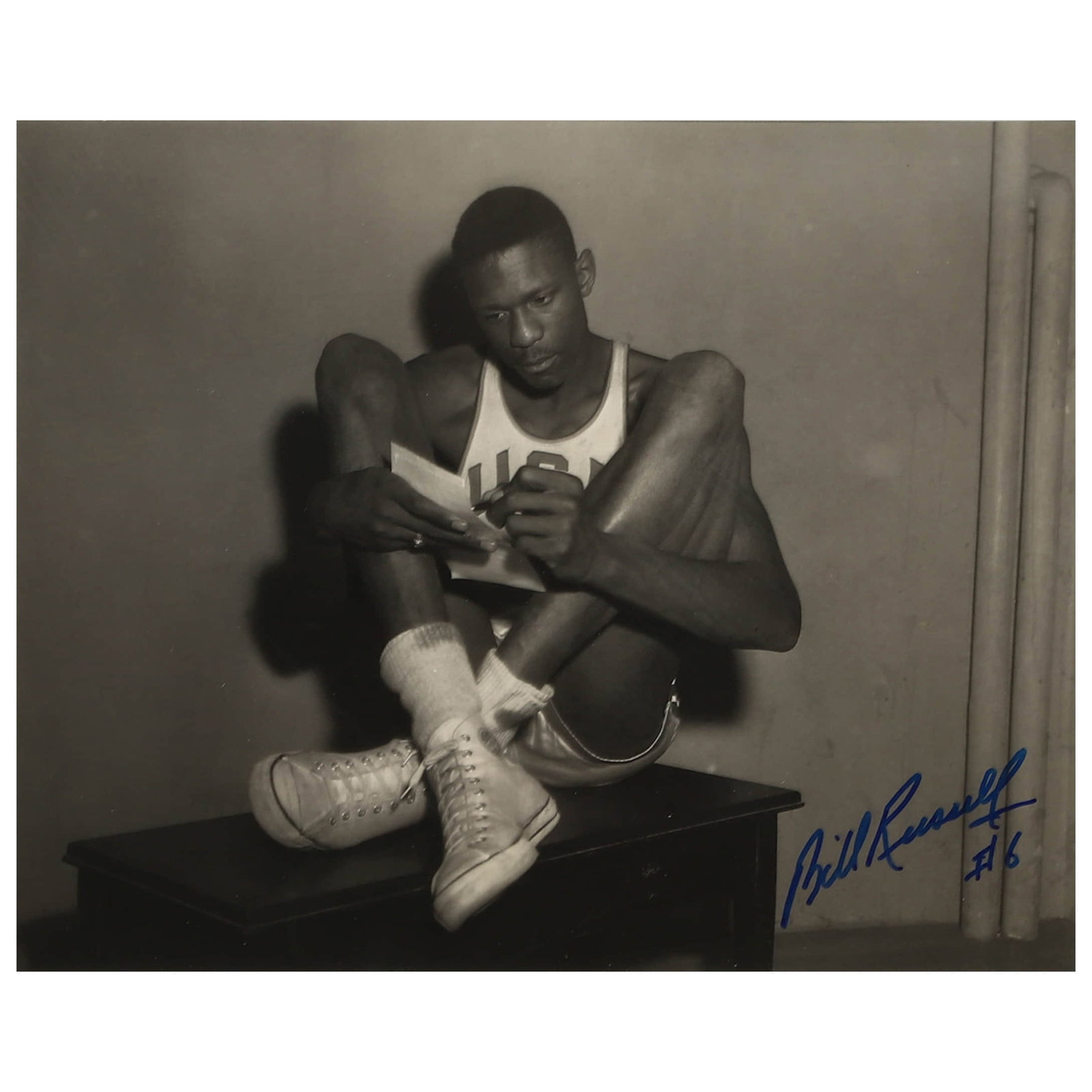 BILL RUSSELL, SIGNED BACKSTAGE PHOTOGRAPH, 1956 MELBOURNE OLYMPICS (1 of 3)