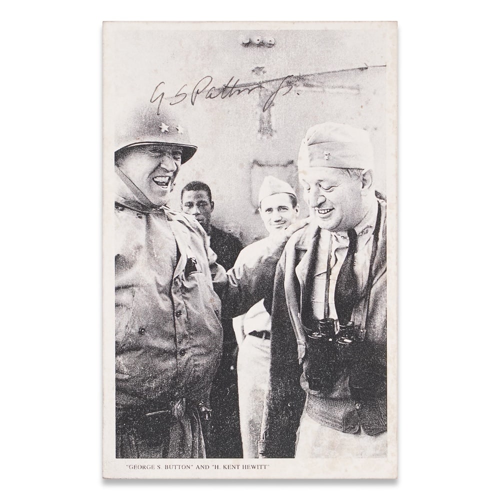 GEORGE S. PATTON SIGNED WWII MILITARY POSTCARD: 5 3/4 x 3 3/4 in (14.6 x 9.4 cm) Provenance and Authentication: This collectible has undergone a rigorous forensic evaluation. The signatures were carefully analyzed across multiple criteria,