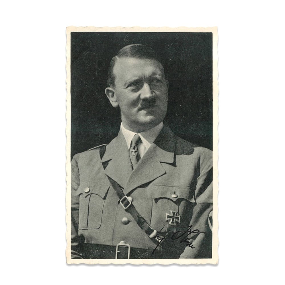 ADOLF HITLER SIGNED PHOTOGRAPHIC POSTCARD (THIRD REICH PERIOD): 5 1/2 x 3 1/2 in (14 x 9 cm) Provenance and Authentication: This collectible has undergone a rigorous forensic evaluation. The signatures were carefully analyzed across multiple criteria, including in