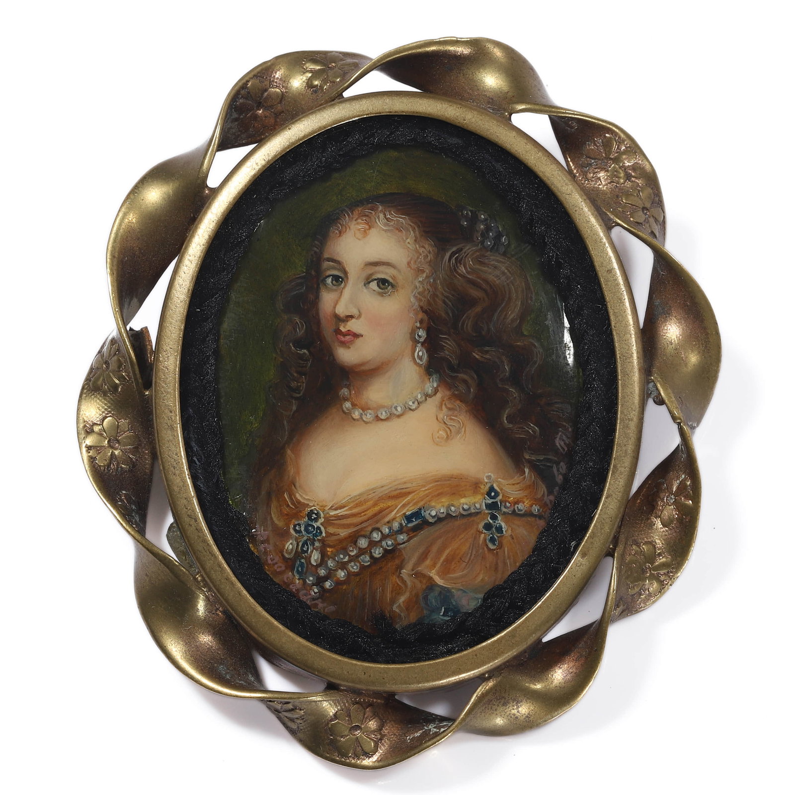 RUSSIAN, LATE 19TH TO EARLY 20TH CENTURY — A MINIATURE PORTRAIT OF A LADY IN A VICTORIAN-STYLE: RUSSIAN, LATE 19TH TO EARLY 20TH CENTURY — A MINIATURE PORTRAIT OF A LADY IN A VICTORIAN-STYLE GILT COPPER FRAME. Medium: Oil or tempera on lacquered panel, set in engraved and twisted copper mount