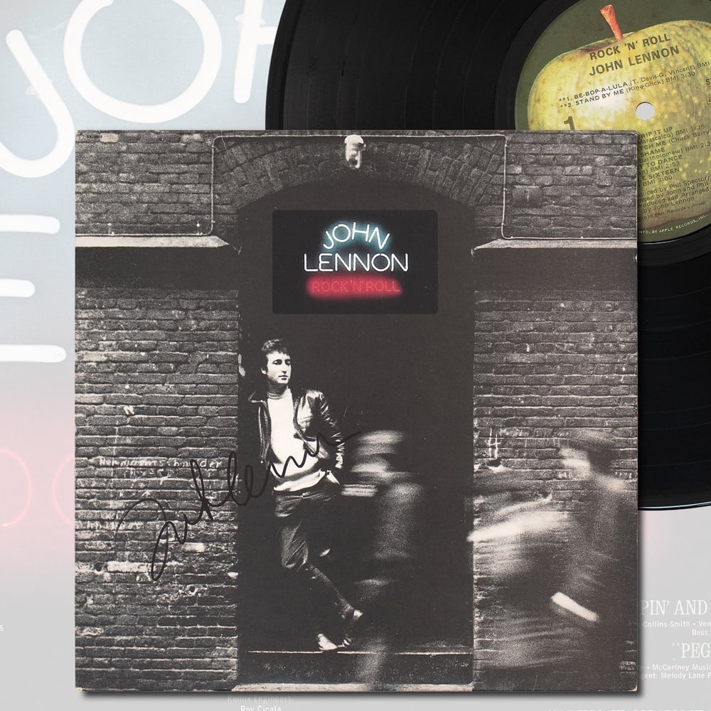 JOHN LENNON SIGNED "ROCK 'N' ROLL" LP: 12 1/4 x 12 1/4 in Provenance and Authentication: This collectible has undergone a rigorous forensic evaluation. The signatures were carefully analyzed across multiple criteria, including ink