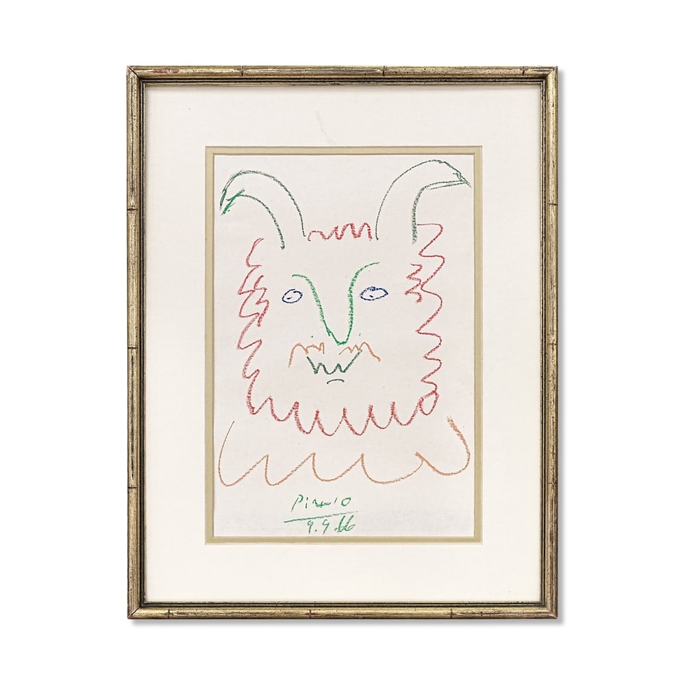 PABLO PICASSO (1881-1973), ATTRIBUTED TO, COLORED WAX CRAYONS ON PAPER: Signed (lower center) Image Dimensions: 13 3/4 x 9 1/4 in (35 x 23.5 cm) Framed Dimensions: 19 3/4 x 15 1/8 in (50 x 38.5 cm) This painting comes with COA. Pablo Picasso remains one of the most influe