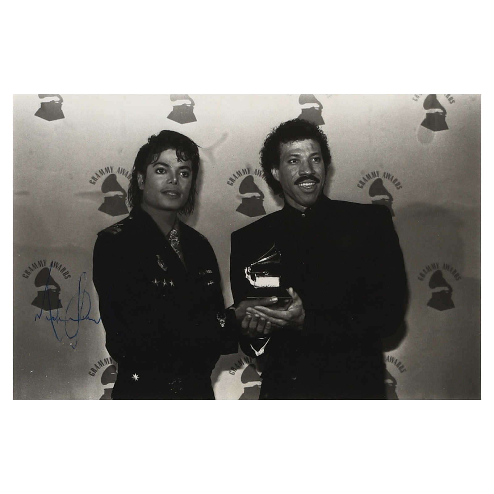 MICHAEL JACKSON AND LIONEL RICHIE, GRAMMY AWARDS,: Title MICHAEL JACKSON AND LIONEL RICHIE, GRAMMY AWARDS Medium Gelatin silver photograph, mounted on board Signature Signed in blue marker, lower left Dimensions Photograph: 5 3/4 × 8 11/16 in. (14.6 