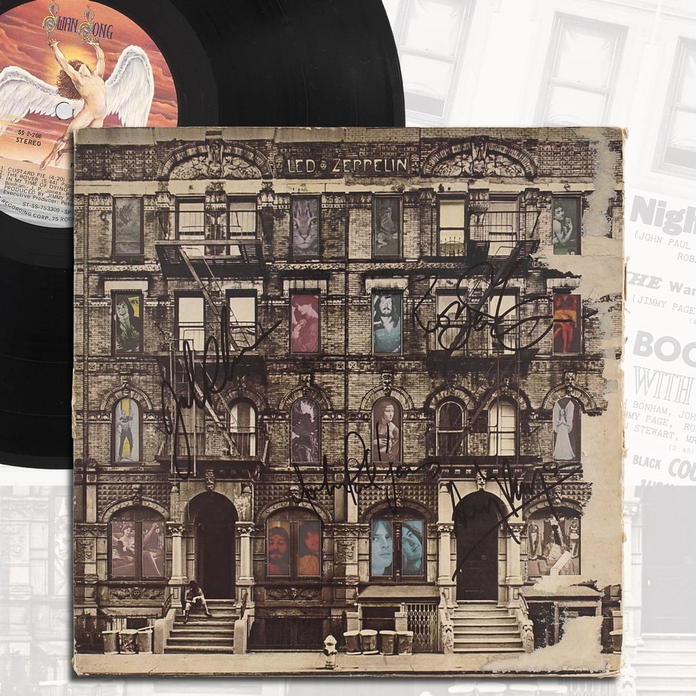 LED ZEPPELIN FULLY SIGNED "PHYSICAL GRAFFITI" LP: 12 1/4 x 12 1/4 in Provenance and Authentication: This collectible has undergone a rigorous forensic evaluation. The signatures were carefully analyzed across multiple criteria, including ink depositi