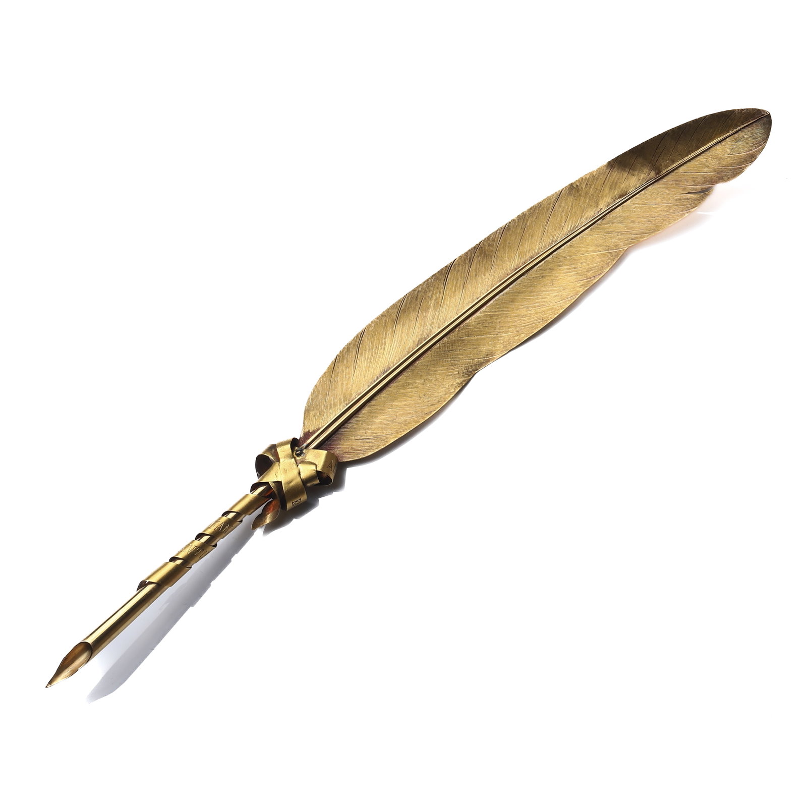 A MUSEUM-QUALITY GOLD FEATHER PEN, COMMEMORATING THE 1887 SPANISH CERTAMEN IN HONOR OF JUAN PRIM: Dimensions Length: 9 1/16 in. (23 cm)Weight: 0.9 oz. (25.4 g) Description A museum-quality gold feather pen, crafted in 1887 as the highest award—“Golden Feather Prize”—for a Spanish certa