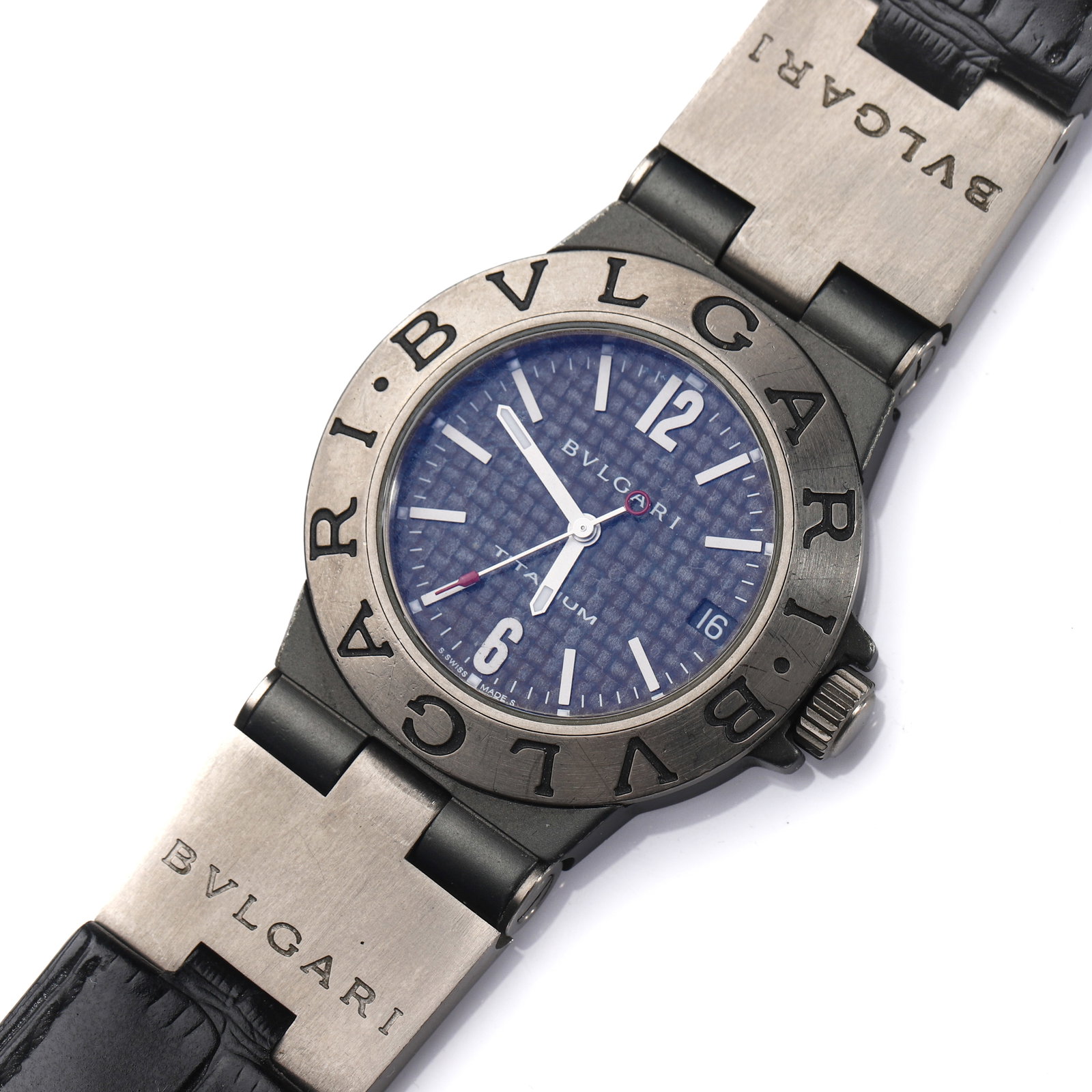 BVLGARI TITANIUM WRISTWATCH: Dimensions Overall length approx. 9 1/16 in (23 cm).Dial diameter approx. 1 13/32 in (35.4 mm). Description A Swiss wristwatch by Bulgari, from the Titanium collection, featuring a textured blue dial 