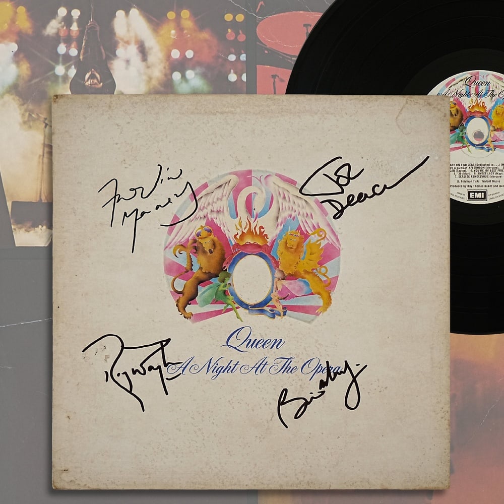 QUEEN FULLY SIGNED "A NIGHT AT THE OPERA" LP: 12 1/4 x 12 1/4 in Provenance and Authentication: This collectible has undergone a rigorous forensic evaluation. The signatures were carefully analyzed across multiple criteria, including ink depositi