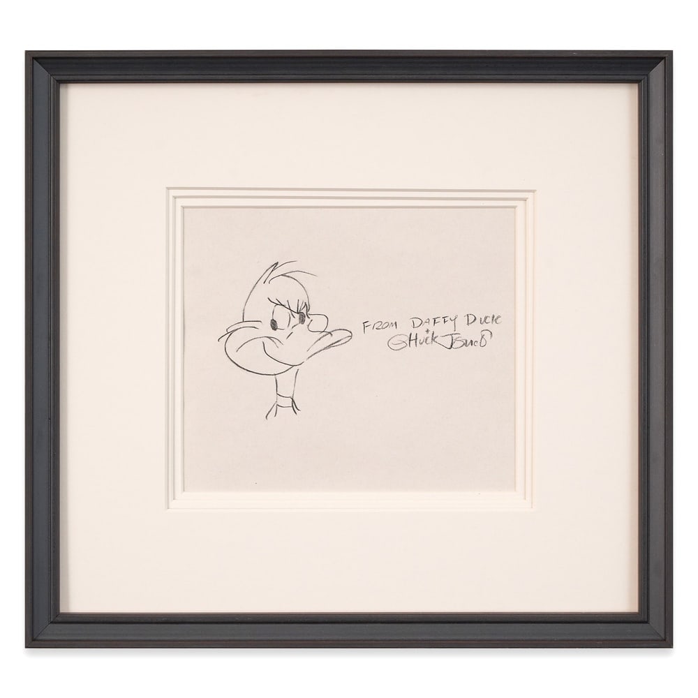 CHUCK JONES SIGNED SKETCH OF DAFFY DUCK: Image Dimensions: 8 1/8 x 6 7/8 in (20.5 x 17.5 cm) Framed Dimensions: 15 7/8 x 14 3/4 in (40.5 x 37.5 cm) Provenance and Authentication: This collectible has undergone a rigorous forensic