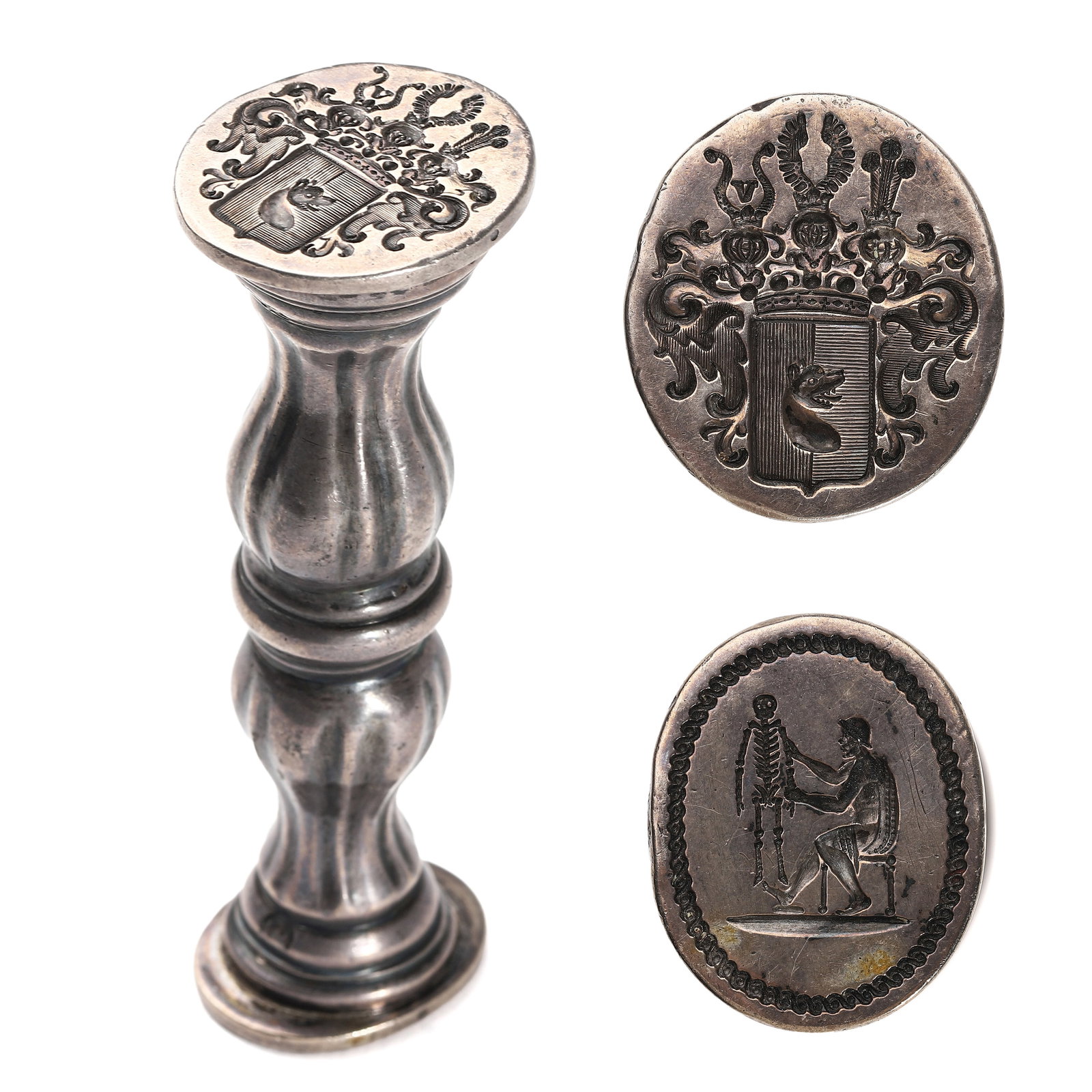 ENAMELED SILVER DOUBLE-FACE SEAL HANDLE WITH COAT OF ARMS AND SKELETON MOTIF. (1 of 7)