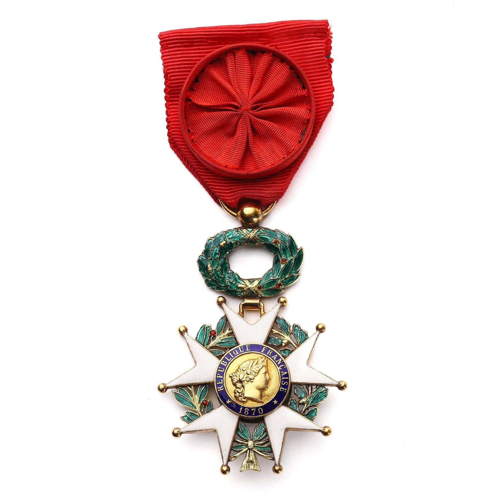 A FRENCH LEGION OF HONOUR ENAMEL AND GILT MEDAL.: Dimensions: Width: 1 9/16 in. (40 mm); Weight: 20.8 g Description: A French Legion of Honour medal of the Third Republic, featuring a five-armed white enamel Maltese cross adorned with green and red e