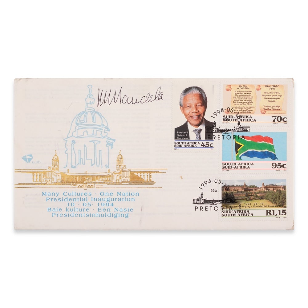 NELSON MANDELA SIGNED PRESIDENTIAL INAUGURATION FIRST DAY COVER: 7 1/2 x 4 in (19 x 10.2 cm) Provenance and Authentication: This collectible has undergone a rigorous forensic evaluation. The signatures were carefully analyzed across multiple criteria, including