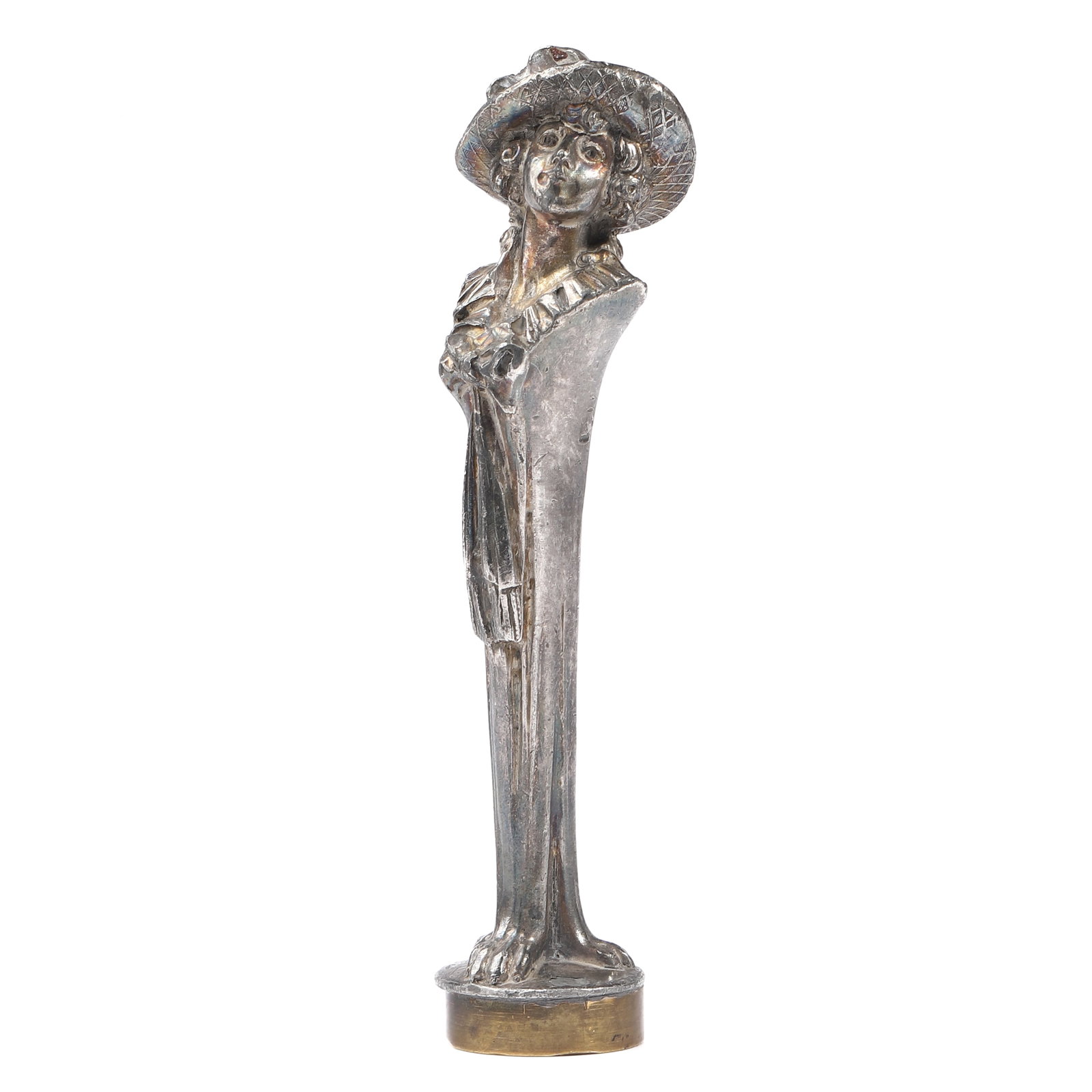 A BRONZE FIGURAL SEAL WITH INITIALS "W.A.": Dimensions Height 4 9/16 in (11.6 cm); Weight 160 g. Description A bronze figural seal depicting a stylish lady in a broad hat and long flowing dress, sculpted in an elegant elongated Art Nouveau-styl