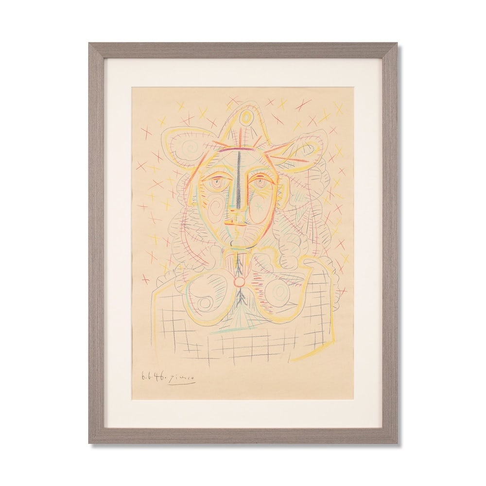 PABLO PICASSO (1881-1973), ATTRIBUTED TO, COLORED WAX CRAYONS ON PAPER: Signed (lower left) Image Dimensions: 20 3/4 x 14 7/8 in (52.7 x 37.8 cm) Framed Dimensions: 20 1/4 x 26 1/4 in (51.5 x 66.5 cm) This painting comes with COA. "Buste de femme" (1946) is a captivating 