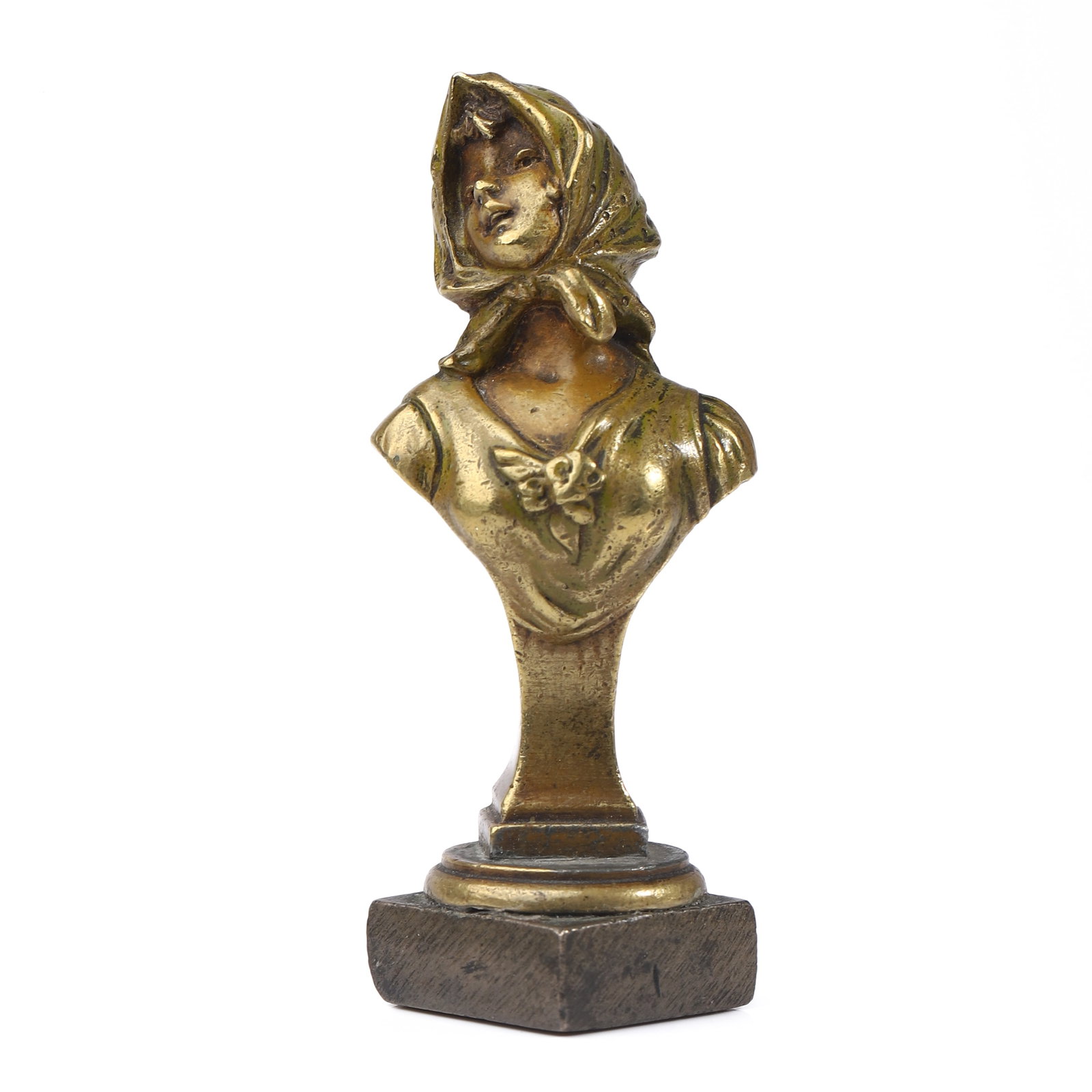 ART NOUVEAU BRONZE SEAL WITH FEMALE BUST: Dimensions Height 2 7/8 in (7.4 cm); Weight 116.5 g. Description This gilt bronze seal features a finely modeled bust of a young woman wearing a headscarf, rendered with soft facial contours and detai