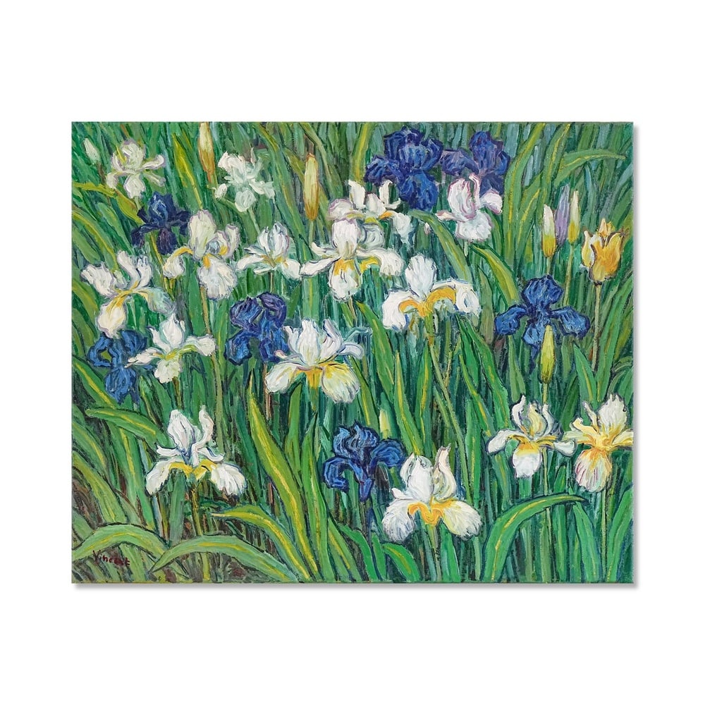 VINCENT VAN GOGH (1853-1890), ATTRIBUTED TO, OIL ON CANVAS: Signed (lower left) Image Dimensions: 23 3/4 x 29 in (60.5 x 73.5 cm) This painting comes with COA. "Iris" (1889) is one of Vincent van Gogh's most celebrated flower paintings, a vivid depiction of