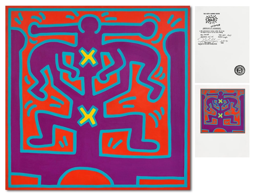 KEITH HARING (1958-1990), ATTRIBUTED TO, ACRYLIC ON CANVAS: Signed (verso) Image Dimensions: 36 1/4 x 36 1/4 in (92 x 92 cm) This painting comes with coa. Keith Haring stands among the most influential figures of late twentieth-century art, renowned for his bo