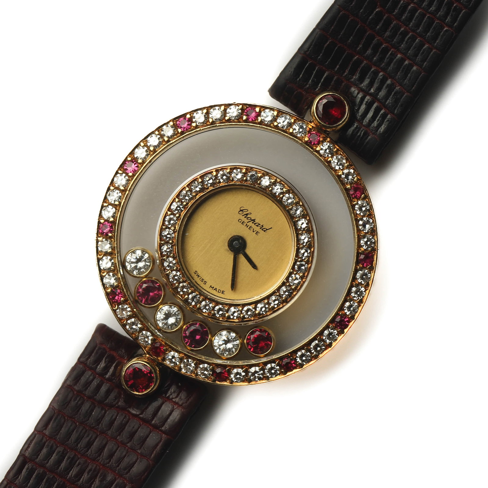CHOPARD HAPPY DIAMONDS 18K GOLD LADY'S WRISTWATCH: Dimensions Overall Length: 8 1/16 in. (20.5 cm) Case Diameter: 15/16 in. (2.38 cm) Weight: 18.1 g Description A Chopard Happy Diamonds lady's wristwatch crafted in 18K yellow gold, featuring the iconi