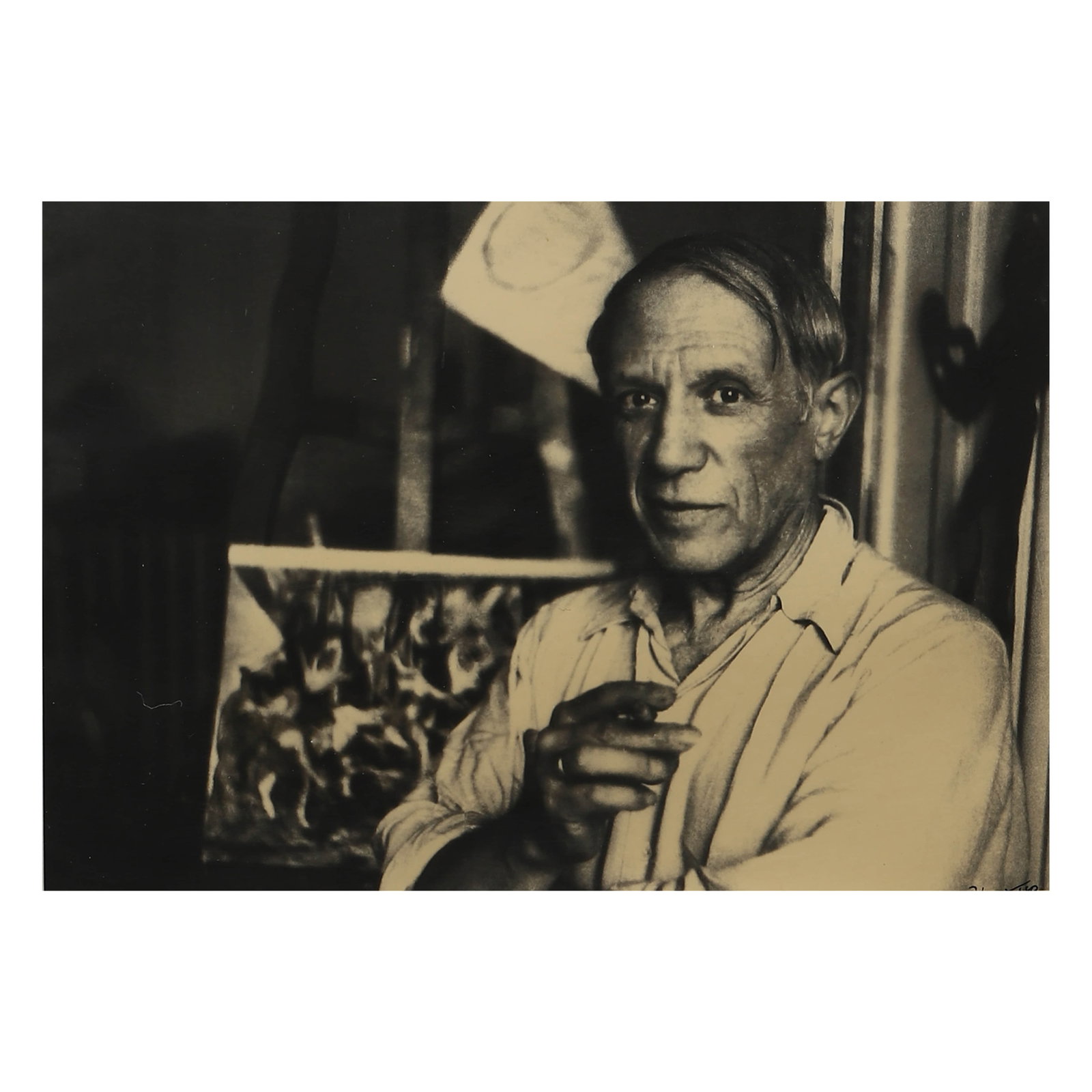 PORTRAIT OF PABLO PICASSO: Title PORTRAIT OF PABLO PICASSO Material: Gelatin silver print, mounted on board Signature: Signed "Picasso" in black ink, lower right Dimensions Photograph 6 7/8 × 10 in. (17.5 × 25.4 cm); with