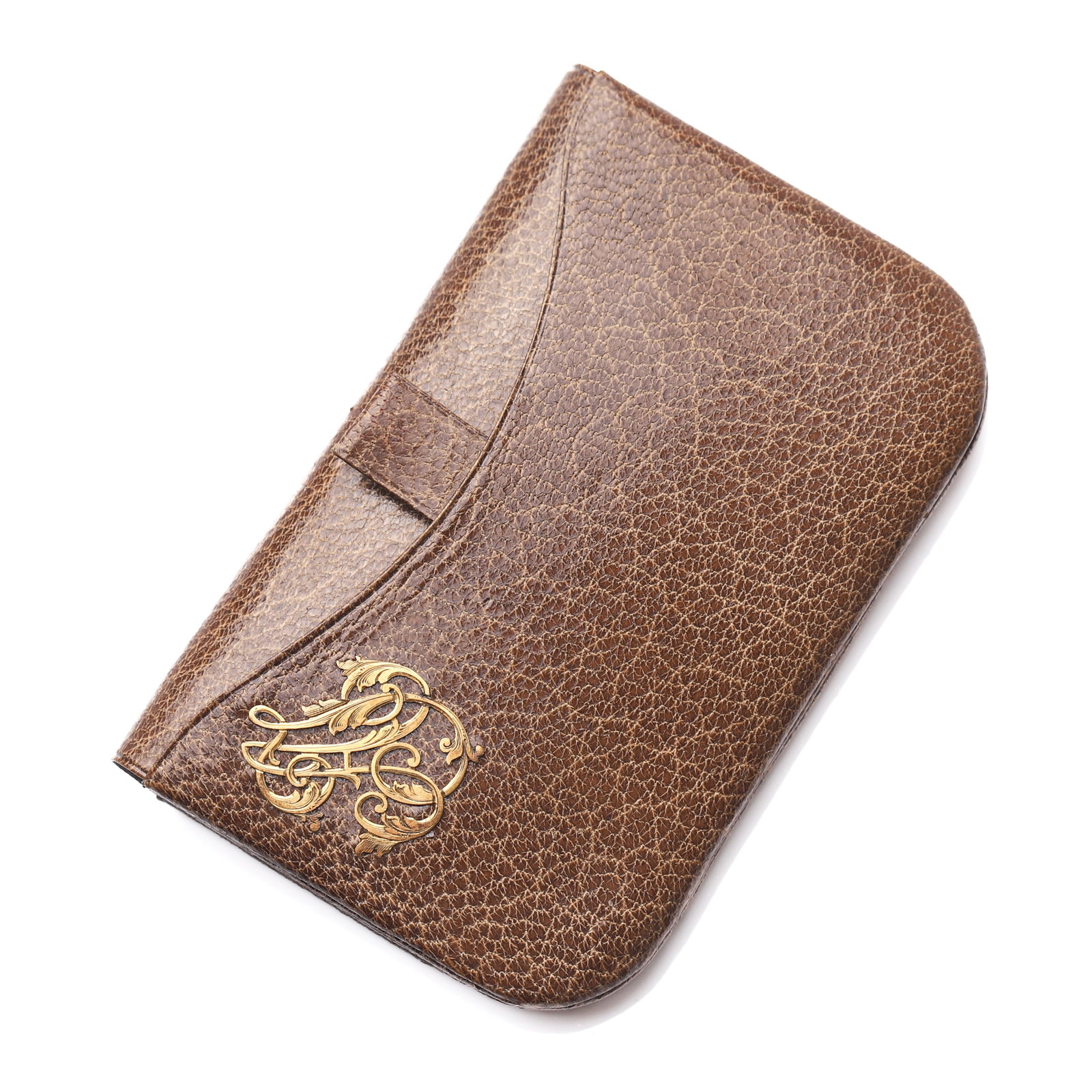 A VINTAGE LEATHER COIN PURSE WITH GILT MONOGRAM.: Dimensions Length 3 1/8 in (8 cm); width 2 1/16 in (5.3 cm). Description Of rectangular form with rounded corners, the brown grained leather exterior highlighted with an ornate gilt monogram to the