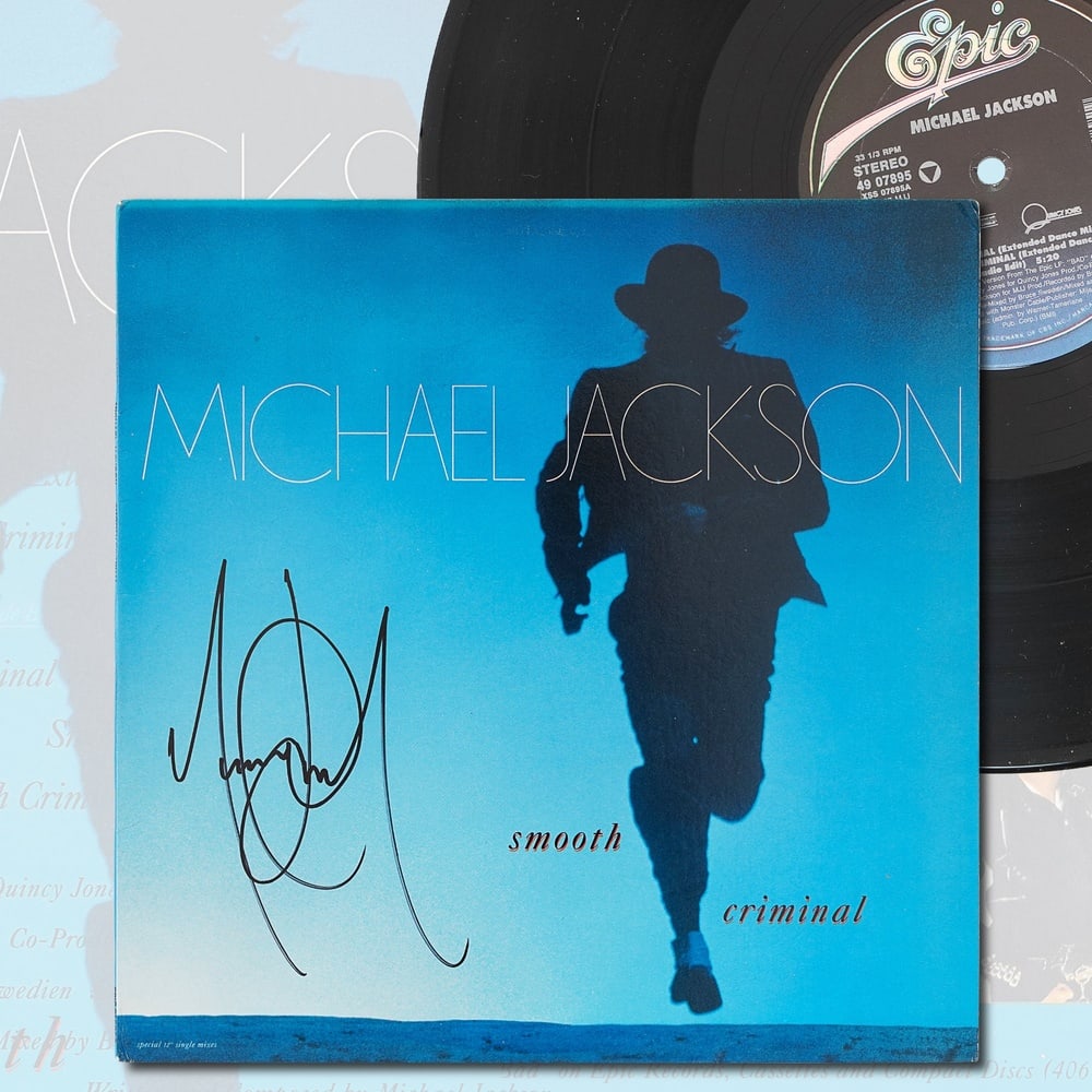 MICHAEL JACKSON SIGNED "SMOOTH CRIMINAL" 12-INCH LP SINGLE: 12 1/4 x 12 1/4 in Provenance and Authentication: This collectible has undergone a rigorous forensic evaluation. The signatures were carefully analyzed across multiple criteria, including ink