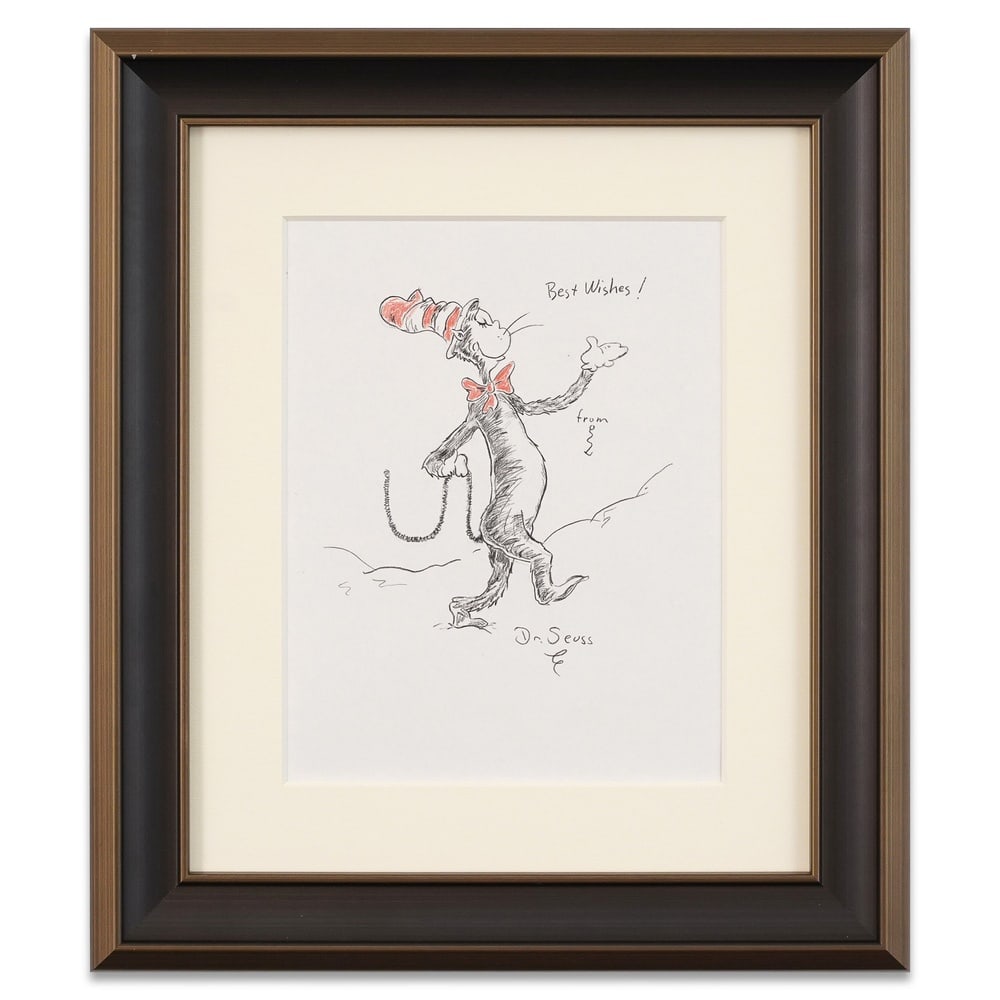 DR. SEUSS HAND-DRAWN AND SIGNED "THE CAT IN THE HAT" DRAWING: Image Dimensions: 10 3/4 x 8 3/8 in (27.4 x 21.1 cm) Framed Dimensions: 18 1/8 x 15 3/4 in (46.1 x 40 cm) Provenance and Authentication: This collectible has undergone a rigorous forensic evaluation.