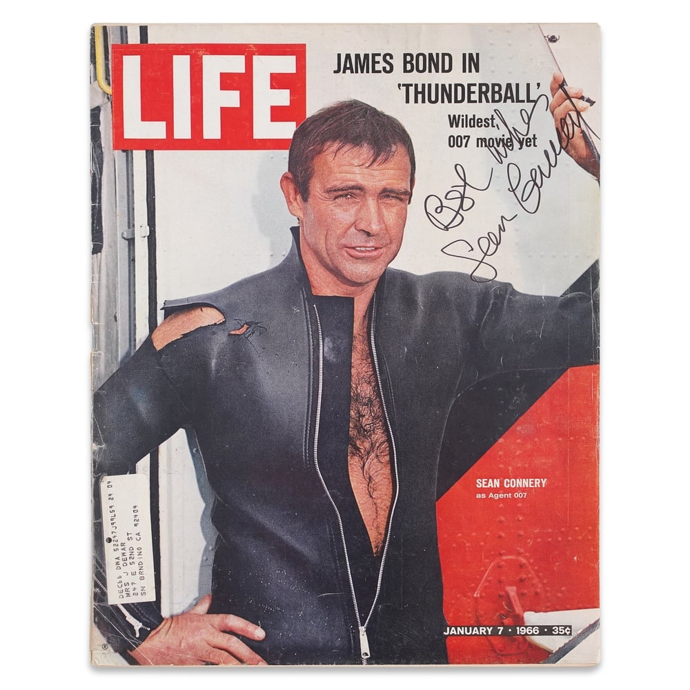 SEAN CONNERY SIGNED LIFE MAGAZINE JANUARY 7, 1966: 13 1/2 x 10 1/2 in (34.2 x 26.8 cm) Provenance and Authentication: This collectible has undergone a rigorous forensic evaluation. The signatures were carefully analyzed across multiple criteria,